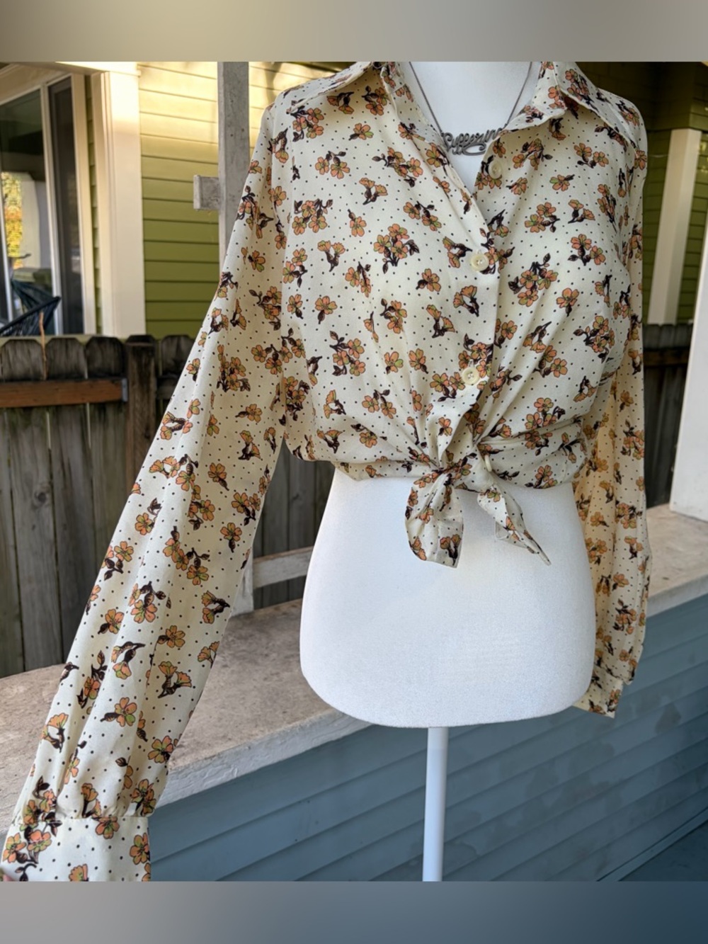 Vintage 70s Cream Dot Floral Button Up Sear Blouse